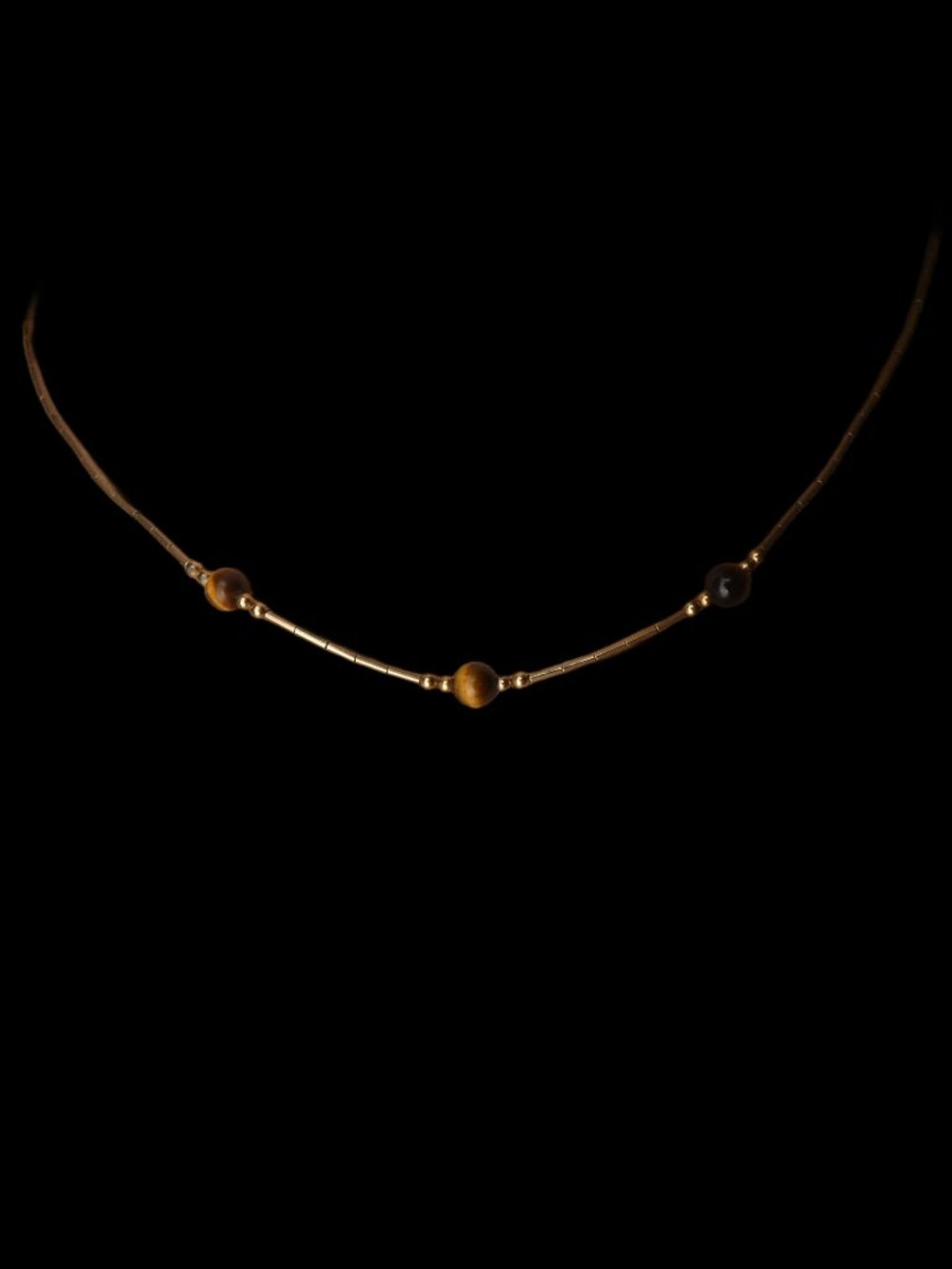 Vintage Gold Tone Liquid Bar Tiger Eye Bead Choker Dainty Delicate Necklace